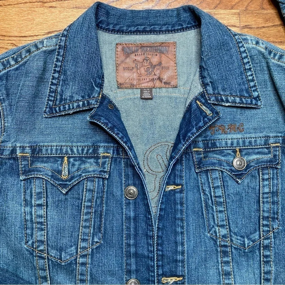 True Religion Vintage Danny Slim Fit Denim Jacket W/ Leather Embroidery Sz: XL - Picture 10 of 16